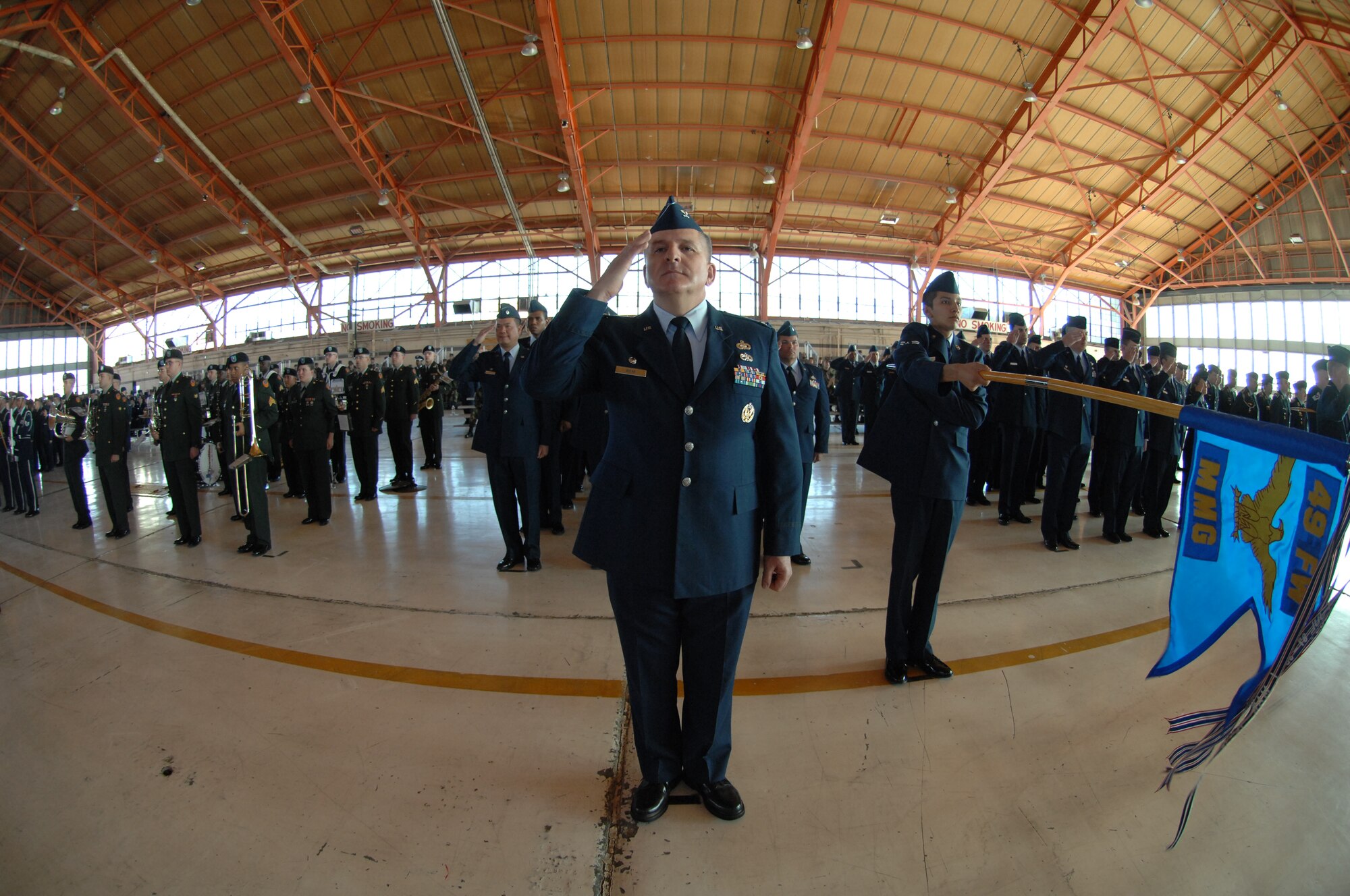 Col William Goad, 49th Materiel Maintenance Group, commander renders a salute   during the 49th Fighter Wing change of command ceremony, Holloman Air Force Base, N.M. on Jan. 11, 2008. Col. The ceremony was attended by members of Team Holloman and visitors from Alamogordo, White Sands and Las Cruces, N.M., and Fort Bliss, Texas. (U.S. Air Force photo/Senior Airman Anthony Nelson Jr) 