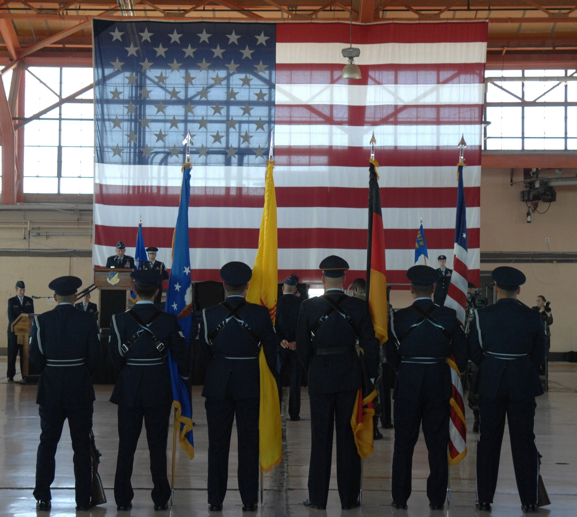 Honor Guard members stand at parade rest during the 49th Fighter Wing change of command ceremony, Holloman Air Force Base, N.M. on Jan. 11, 2008. Col. Jeffrey Harrigian assumed command for Brig. Gen. David Goldfein. (U.S. Air Force photo/Senior Airman Anthony Nelson Jr) 
