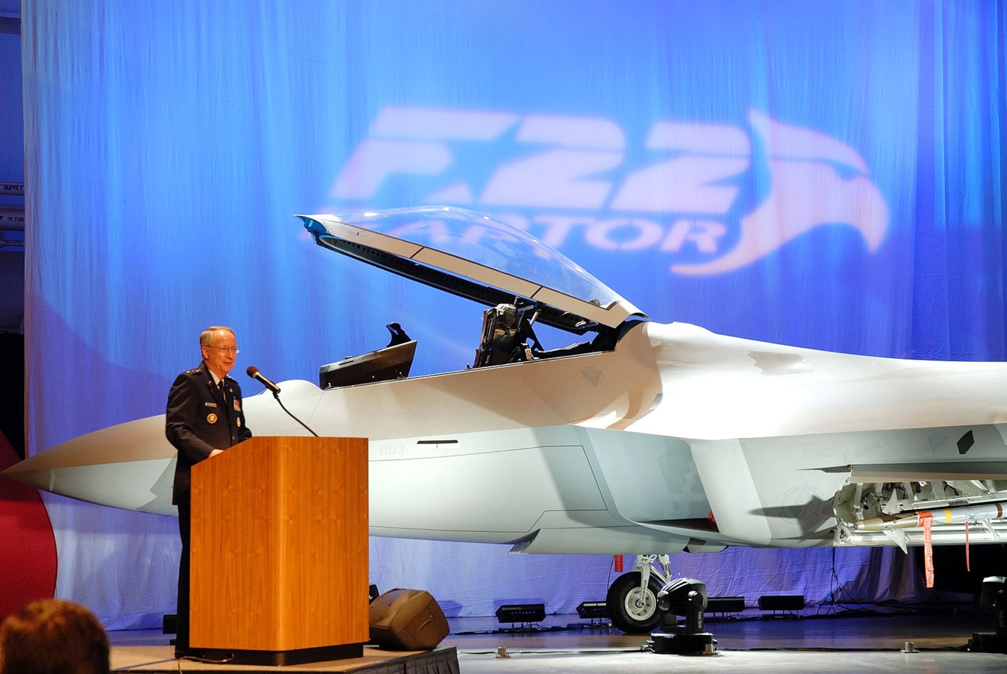 Lt. Gen. Frank G. Klotz addresses the crowd during the F-22 Raptor Exhibit Opening Ceremony at the National Museum of the U.S. Air Force Jan. 18 at Dayton, Ohio. General Klotz is the the assistant vice chief of staff and director of the Air Force staff. (U.S. Air Force photo)
