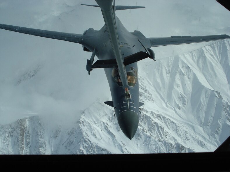 A deployed Dyess B-1 is refuled by a tanker Jan. 15 in Southwest Asia. The 9th Bomb Squadron is scheduled to return home shortly. (U.S. Air Force photo)