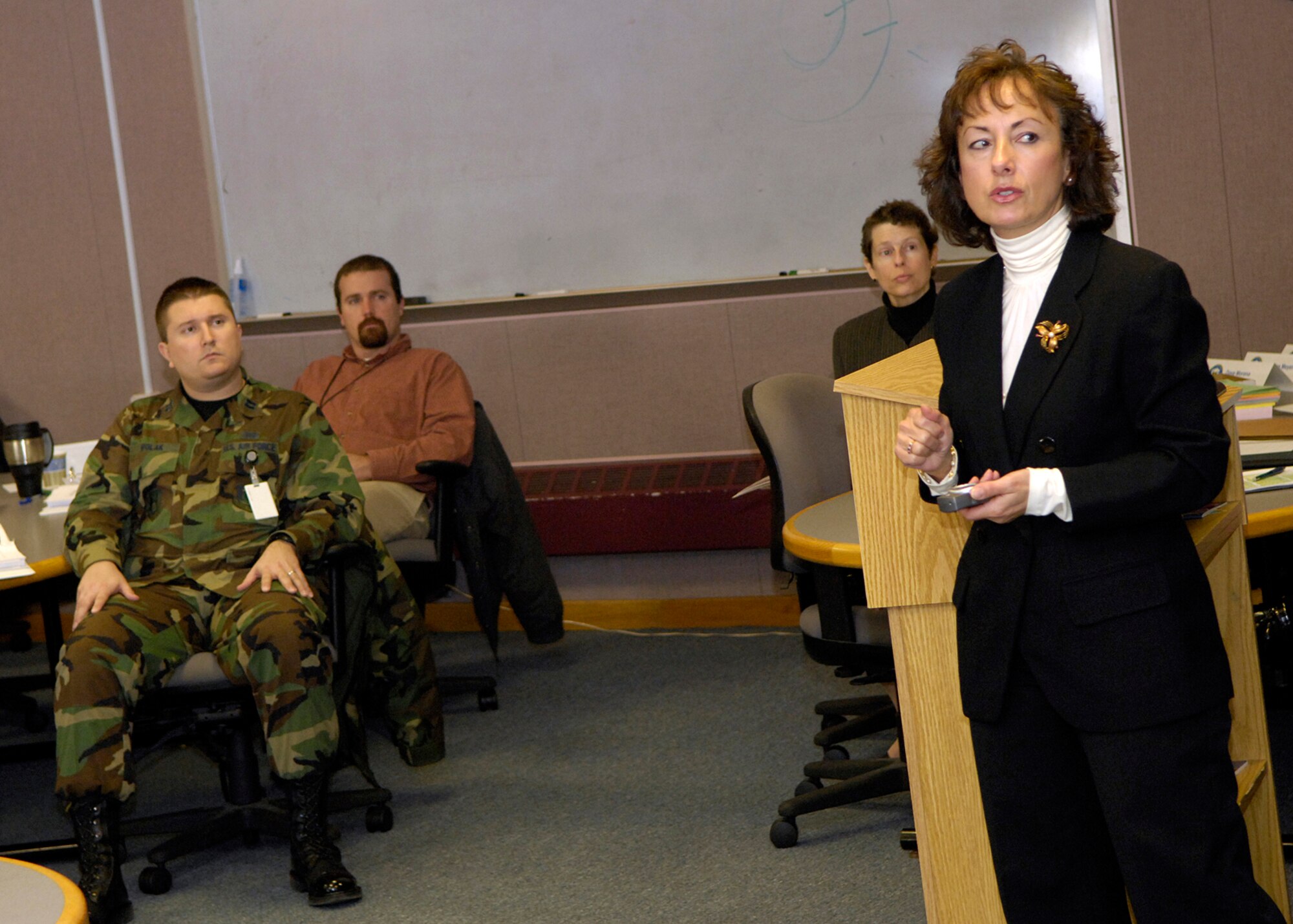 Catina Sparaco, Acquisition Center of Excellence, leads acquisition training for program managers and new acquisition personnel. This briefing was one of many conducted during this week’s Acquisition Boot Camp that wrapped up today. The program, which is designed to accelerate the acquisition learning process, provides a basic understanding of a broad spectrum of acquisition topics. The next Acquisition Boot Camp is scheduled to be held April 14 through 17. (U.S. Air Force photo by Mark Wyatt)
