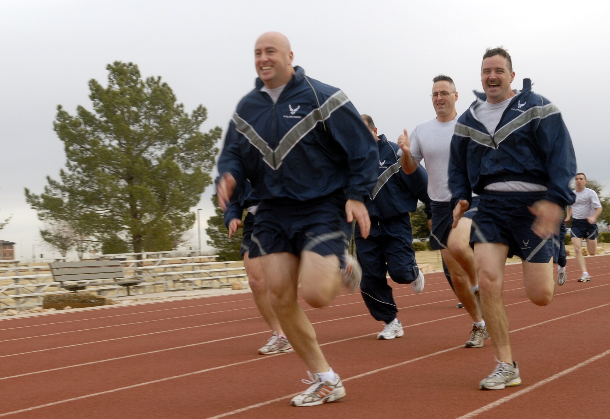 Members of the Goodfellow NCO Academy sprint as part of the GNCOA’s Functional Fitness program Tuesday. The program, which alternates strength-building and cardio activities in 20-minute workouts five days each week, is designed to promote a healthy lifestyle. (U.S. Air Force photo by Airman 1st Class Kamaile Chan)