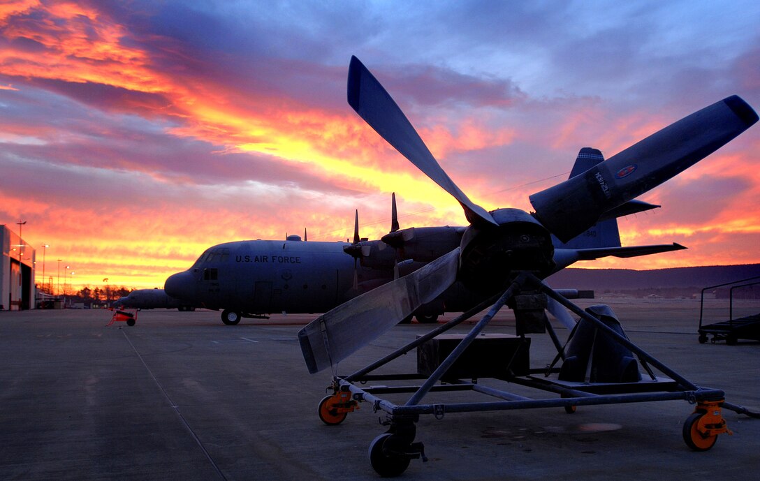 The propeller blades for a C-130 Hercules aircraft sit on the flight line Jan. 14 at Ramstein Air Base, Germany, waiting to be installed. (U.S. Air Force photo/Airman 1st Class Kenny Holston)