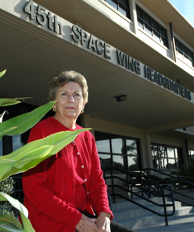 Bettye Krieter in front of the headquarters building at Patrick AFB. (U.S. Air Force photo by Chris Calkins)