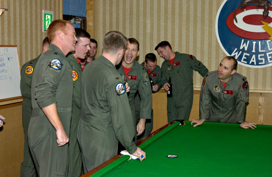 MISAWA AIR BASE, Japan -- 1st Lt. Shawn Walsh, 14th Fighter Squadron, defends his call while acting as referee during the 35th Fighter Wing Crud Tournament here Jan. 11, 2008. Lt. Col. Steven Williams, Lt. Col. John Bobroski, Capt. Lawrence Sullivan and Capt. Charles Fallon, all from the 13th Fighter Squadron, won the tournament. (U.S. Air Force photo by Senior Airman Eric J. Harris)
