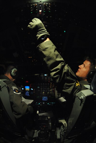 KC-135 Stratotanker pilot U.S Air Force Captain Jeffery Schrum (right) adjust the cabin pressure controls as part of the pre flight checklist the pilots must accomplish prior to the aircraft departure. The KC-135 Stratotanker aircraft and crew are assigned to the 909th Air Refueling Squadron, Kadena Air Base Japan. The tanker and crew mission is to refuel the Block 30 F-16 jets returning to Eielson Air Force Base, Alaska from Kunsan Air Base, Korea after the completion of the Common Configuration Implementation Program (CCIP) on January 20th 2008.

(U.S. Air Force photo by: Staff Sgt. Eric T. Sheler)
