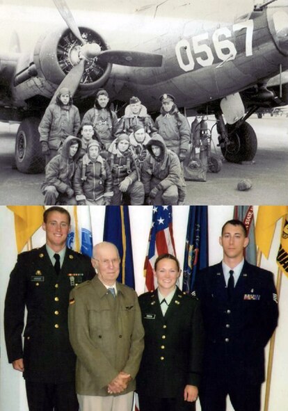 FORT BRAGG, N.C. - Top Photo, right rear: Army Air Corps Capt. Richard Kozlowski, a B-17 pilot, poses for a pre-mission photo with his crew during World War II.  Bottom Photo, left to right: Pennsylvania Army National Guard Sgt. Brice Ambron, former Army Air Corps Capt. Richard Kozlowski, Army Capt. Nealy Ambron, and now Air Force Capt. Trevor Ambron share a moment several years ago.  The Ambrons have served in the U.S. military for generations. The younger Captain Ambron promised his grandfather, who flew B-17 combat missions over Germany during World War II, that he would someday wear captain’s bars himself. The captain will deploy to Afghanistan early this spring for a year in Afghanistan serving as Provincial Reconstruction Team [PRT] Gardez’ Physician Assistant. (Photo courtesy of Capt. Trevor Ambron)