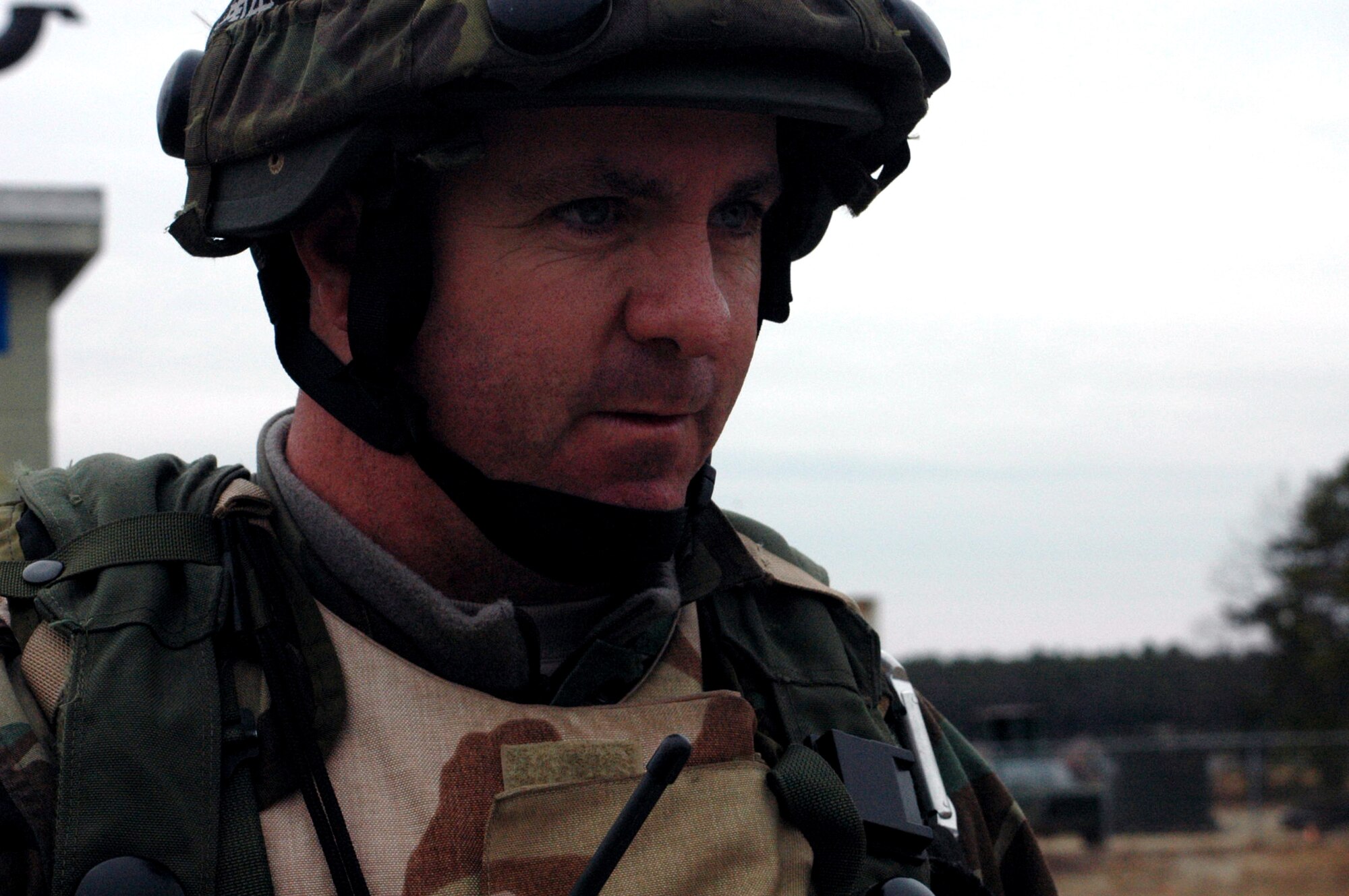 Maj. Ted Welch, operations officer for the 570th Contingency Response Group, Travis Air Force Base, Calif., talks to the "local media" during a scenario for Air Force Exercise Eagle Flag 08-2 Jan. 19 at Naval Air Engineering Station Lakehurst, N.J.  The exercise is operated by the U.S. Air Force Expeditionary Center's Expeditionary Operations School and the 421st Combat Training Squadron at Fort Dix, N.J.  (U.S. Air Force Photo/Airman 1st Class April Meyer)
