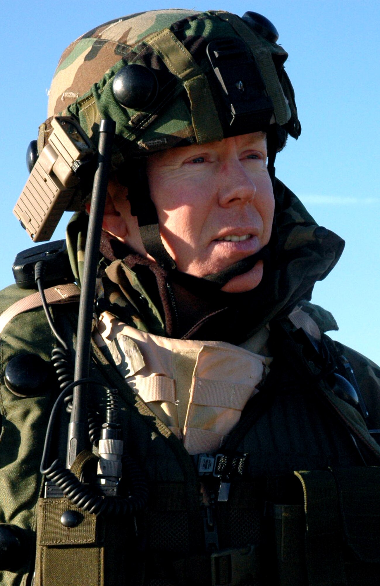 Col. Steve Jordan, commander of the 570th Contingency Response Group, Travis Air Force Base, Calif., talks to "local media" during a scenario for Air Force Exercise Eagle Flag 08-2 at Naval Air Engineering Station Lakehurst, N.J., Jan. 18.  Colonel Jordan was among the first students in the field for the exercise.  (U.S. Air Force Photo/Airman 1st Class April Meyer)