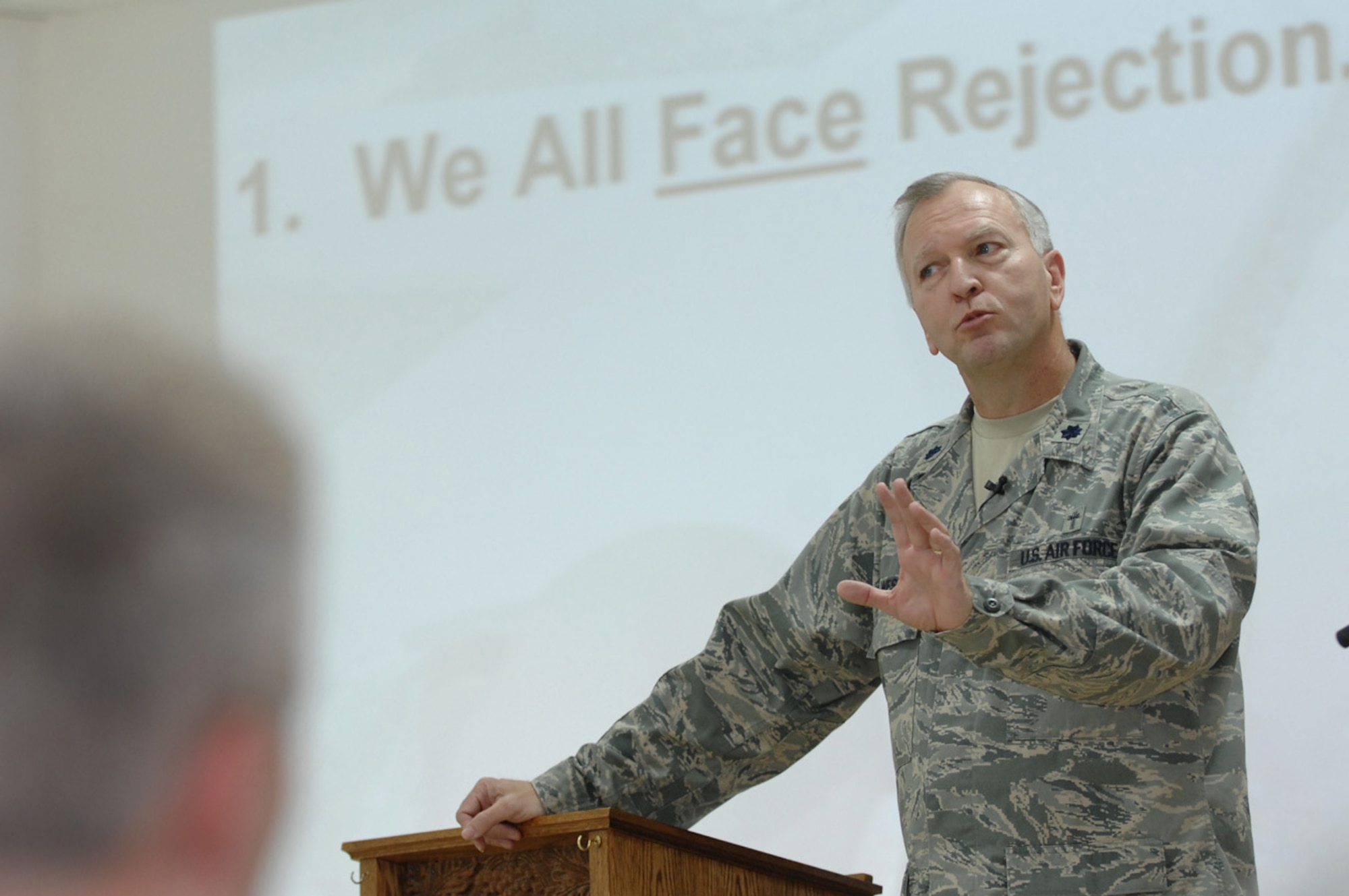 BALAD AIR BASE, Iraq -- Lt. Col. Steve West, 332nd Air Expeditionary Wing chaplain, speaks to members of his congregation about rejection and how to overcome it Jan. 20. Each week Chaplain West offers sermons touching on issues affecting deployed servicemembers. (U.S. Air Force photo by Senior Airman Julianne Showalter)