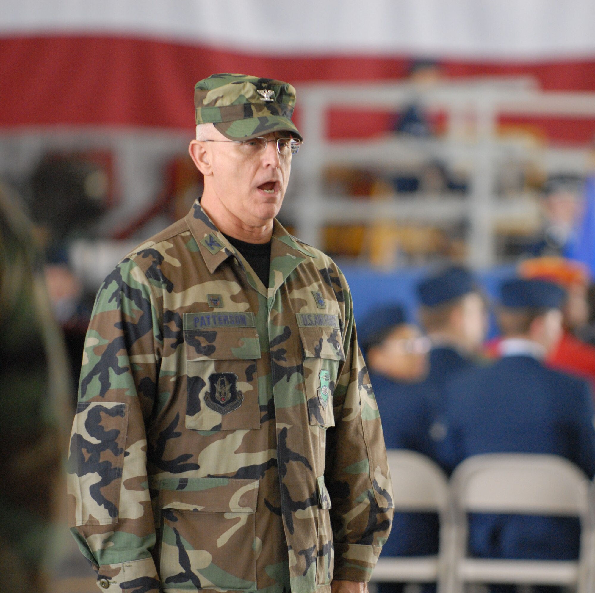 Ready...begin!  Col. James Patterson, new commander of the 932nd Medical Group, gives commands to his Airmen at the 932nd Airlift Wing change of command recently.  Photo/Tech. Sgt. Chris Parr