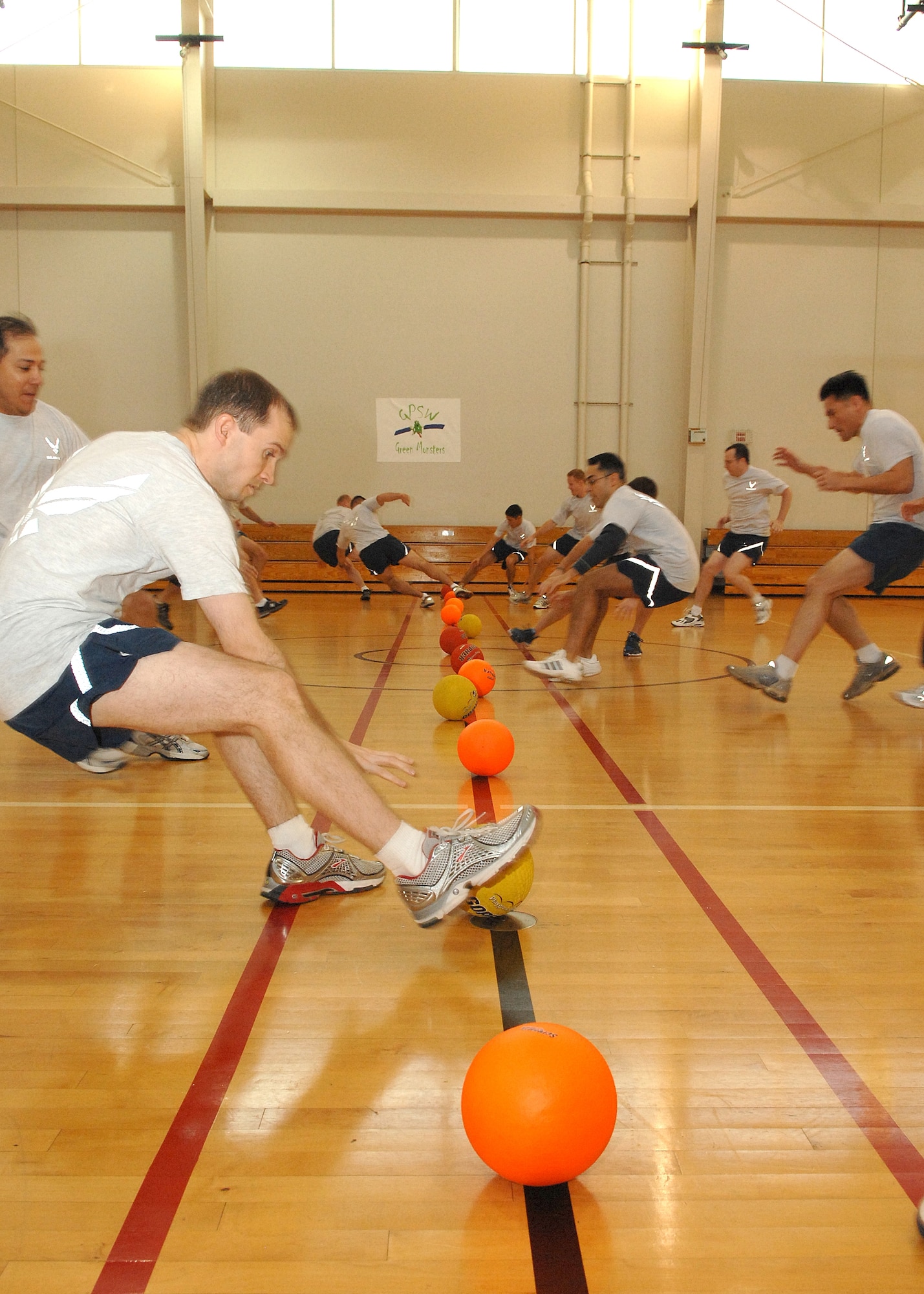 Wait for It. Teams line up to take the first shot during the dodgeball game. The GPS Wing took the overall title during the WAR FIT Challenge.  (Photo by Stephen Schester)