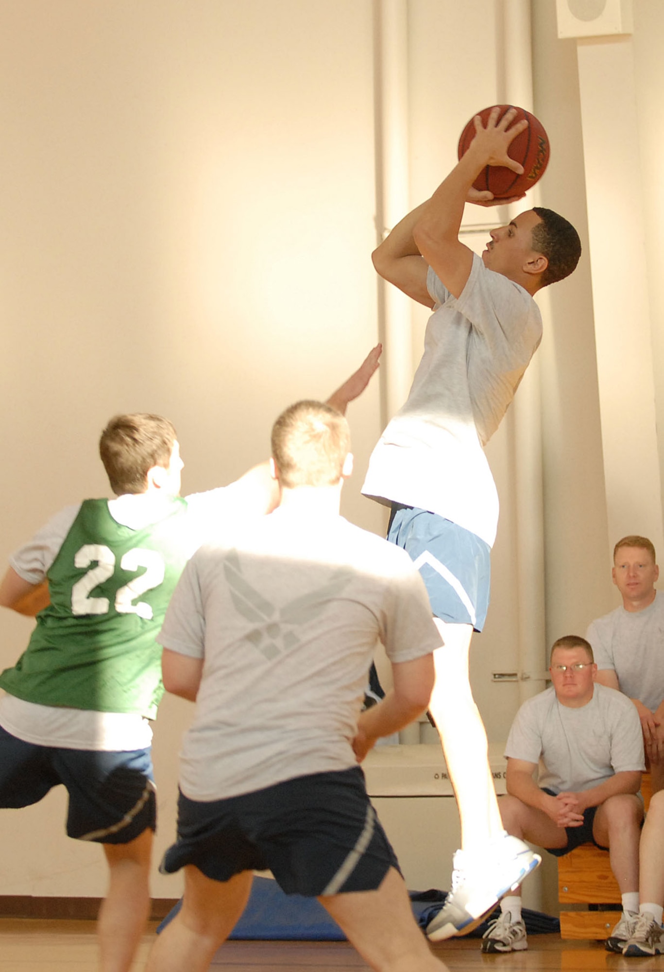Staff Sgt. Andre Stevens attempts a jump shot during the basketball portion of the first WARFIT Challenge between GPSW and SYSW, Jan. 11. (Photo by Stephen Schester)