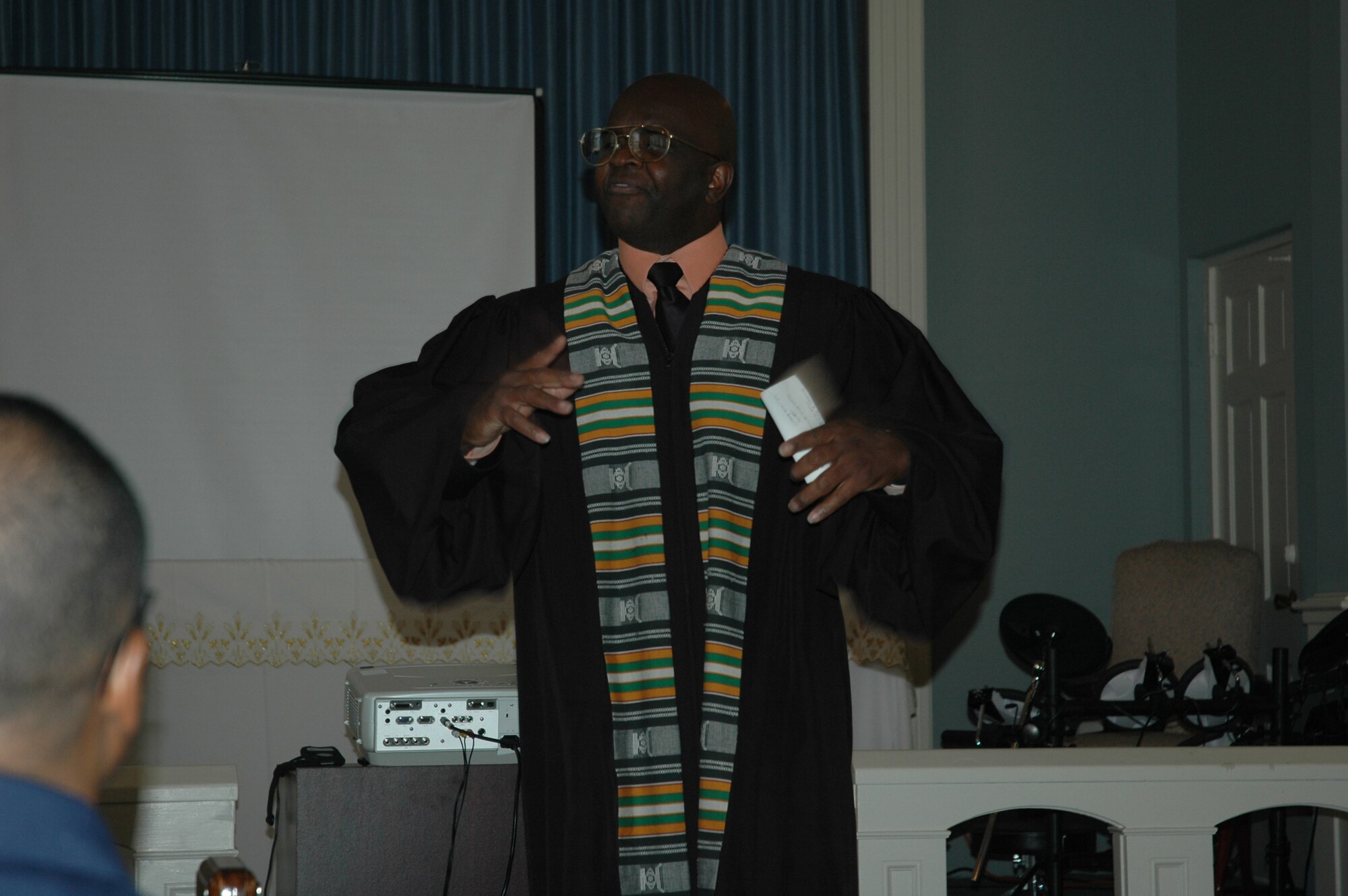 Maj. Carlton Bivens, 325th Fighter Wing Head Chapel chaplain, speaks to guest during a Commemoration Service for Dr. Martin Luther King, Jr. Jan. 18 at Tyndall Air Force Base.  The major spoke about loving one another, building a beloved community and the life of Dr. King.