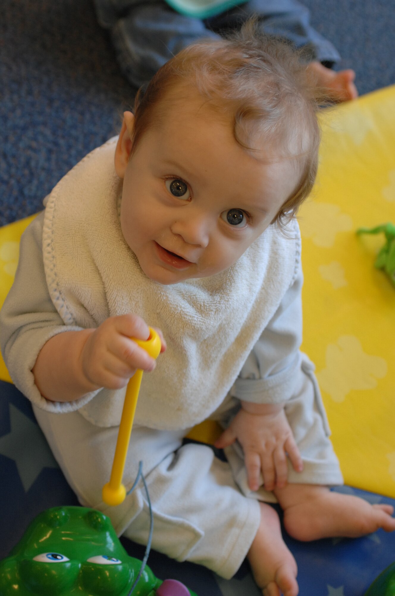 Xavier Earl, 7-month-old son of Senior Airman Tarann Earl, plays with an xylophone in the 6-month to 1-year old room Jan. 16 at the CDC East on RAF Lakenheath. Each room in the CDC has equipment and toys to educate the specific age group. (U.S. Air Force photo by Staff Sgt. Vanessa Young)