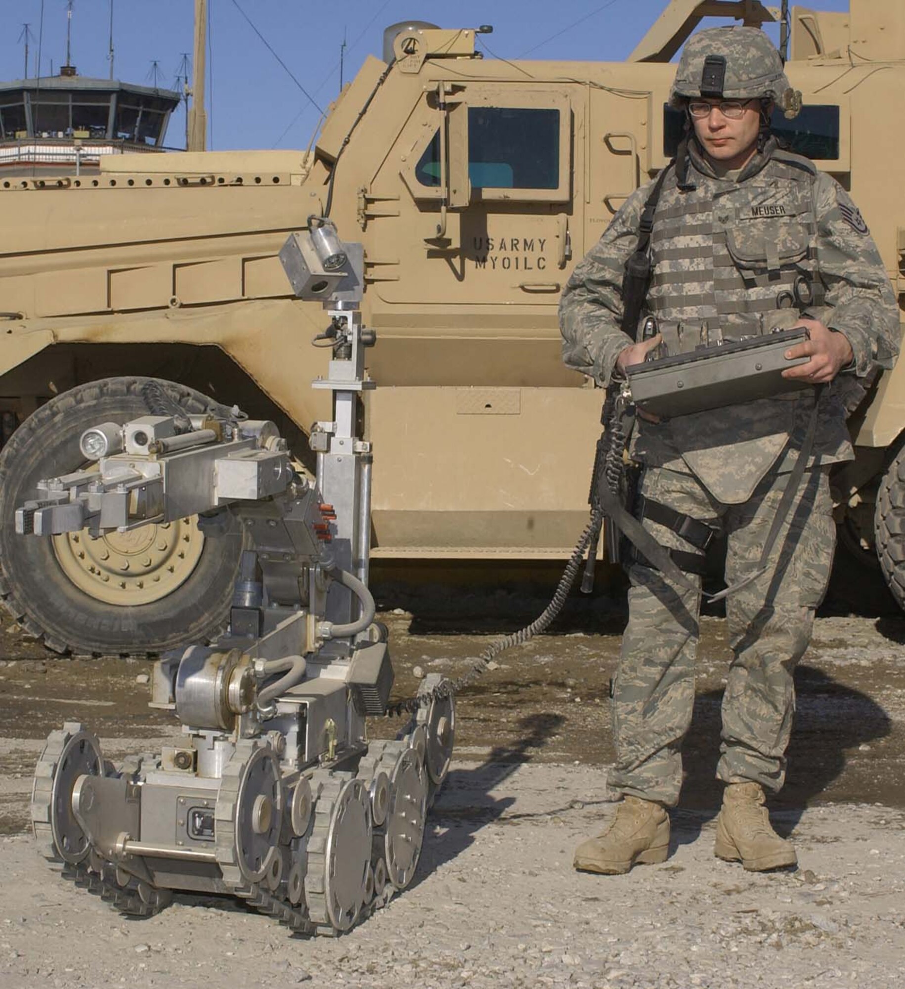 BAGRAM AIR BASE, Afghanistan - Staff Sgt. Matthew Meuser, 755th Air Expeditionary Group Explosive Ordnance Disposal team member, trains with an Ordnance Neutralization System (robot), here Jan. 20.  Meuser was selected as the 2007 Kentucky Air National Guard Airman of the Year. (U.S. Air Force photo by Master Sgt. Demetrius Lester)
