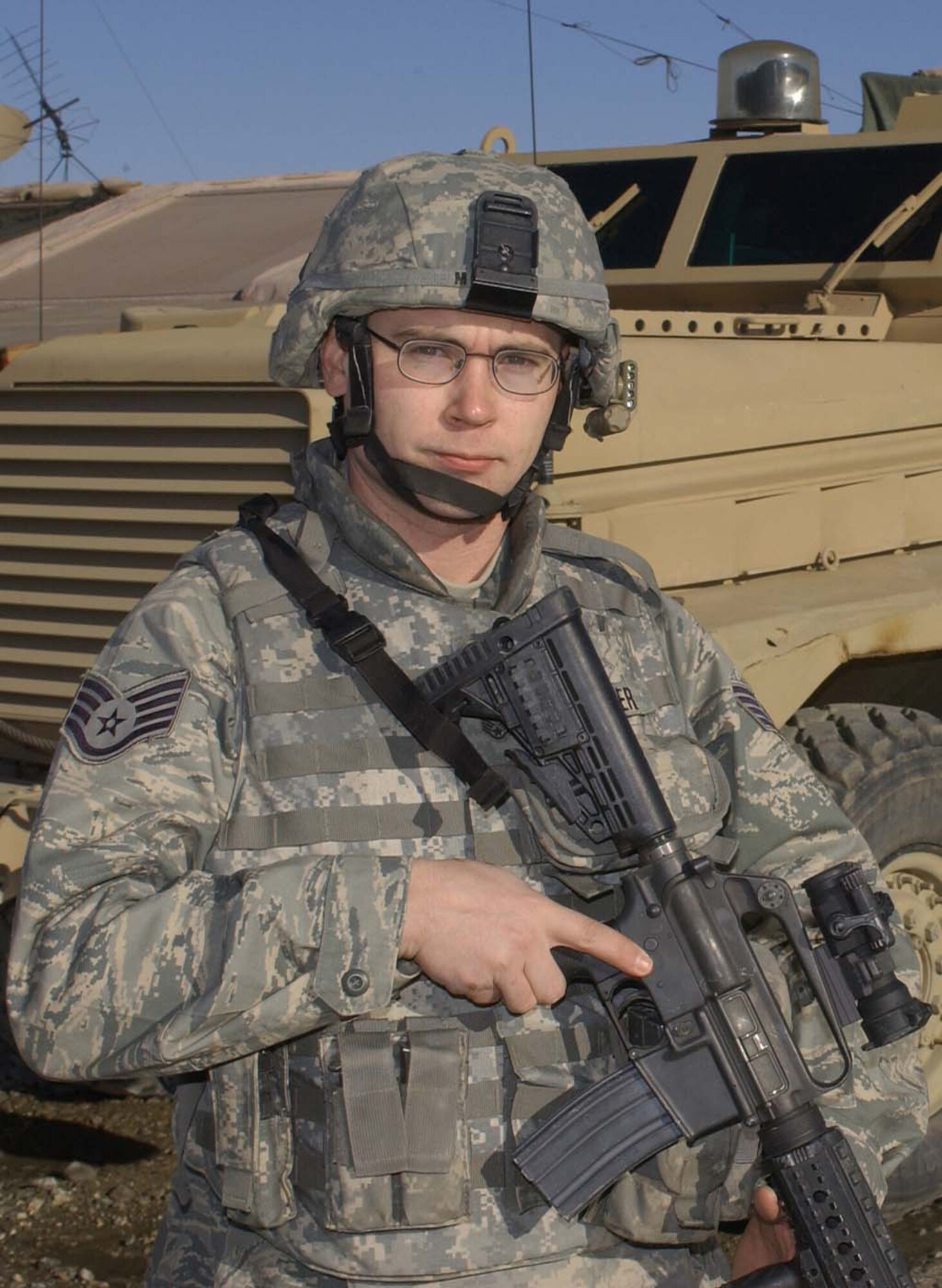 BAGRAM AIR BASE, Afghanistan - Staff Sgt. Matthew Meuser, 755th Air Expeditionary Group Explosive Ordnance Disposal team member, poses for a photo while being deployed here Jan. 18. Meuser was selected as the 2007 Kentucky Air National Guard Airman of the Year. (U.S. Air Force photo by Master Sgt. Demetrius Lester) 