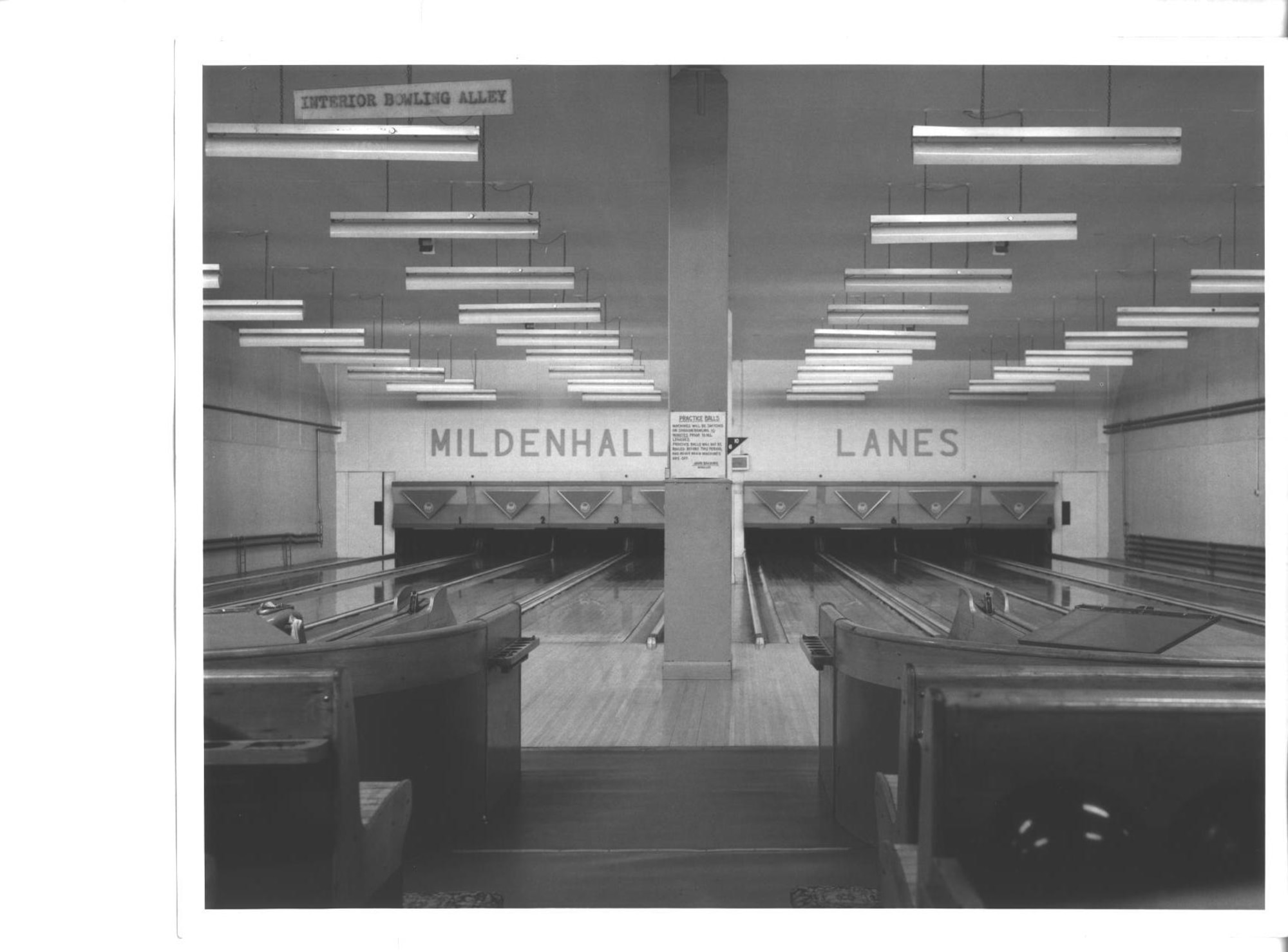 This photo, taken in the 1950s, shows an interior view of the base's first bowling alley, which was used until 2004. The building is now being demolished to pave the way for parking behind the Bob Hope Community Center. (U.S. Air Force photo) 