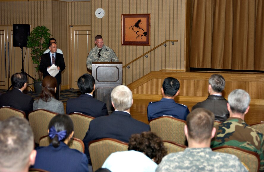 MISAWA AIR BASE, Japan -- Army Brig. Gen. J.E. Seward introduces the Joint Tactical Ground Station to local civic leaders during the official opening of JTAGS Misawa on Jan. 22, 2008. JTAGS is an early warning system to detect missile launches. (U.S. Air Force photo by Airman 1st Class Eric Harris)