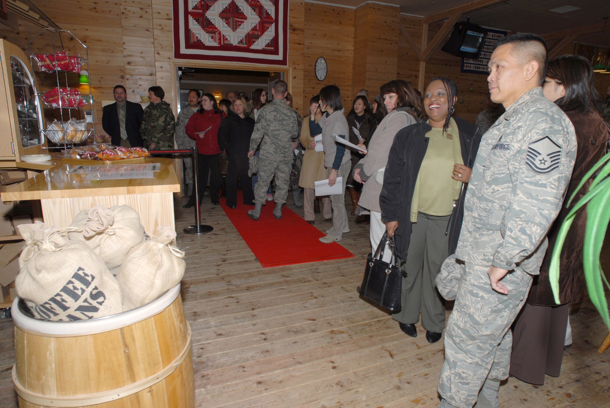 MISAWA AIR BASE, Japan -- Members eagerly await the chance to get their first cup of Starbucks coffee from the newly remodeled Cafe Aomori, here Jan. 22, 2008.  In addition to coffee, Cafe Aomori offers wireless internet access.  (U.S. Air Force photo by Senior Airman Laura R. McFarlane)