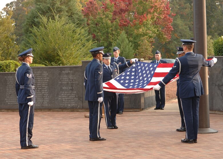 Members of the 14th Flying Training Wing Honor Guard fold the flag during the Veteran's Day retreat ceremony in November. During the ceremony, veterans, both past and present, were honored. (U.S. Air Force photo by Elizabeth Owens)
