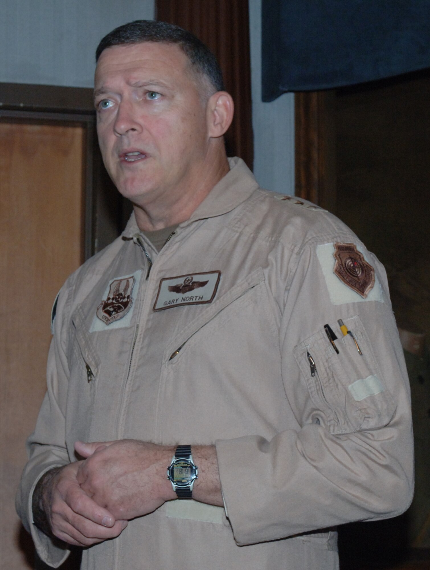 Lieutenant Gen. Gary North, commander of 9th Air Force and U.S. Central Command Air Forces, Shaw AFB, S.C., address more than 220 Airmen and air-minded community members at a dinner Jan. 17 hosted by the Base Community Council. (U.S. Air Force photo by Airman 1st Class Danielle Hill)
