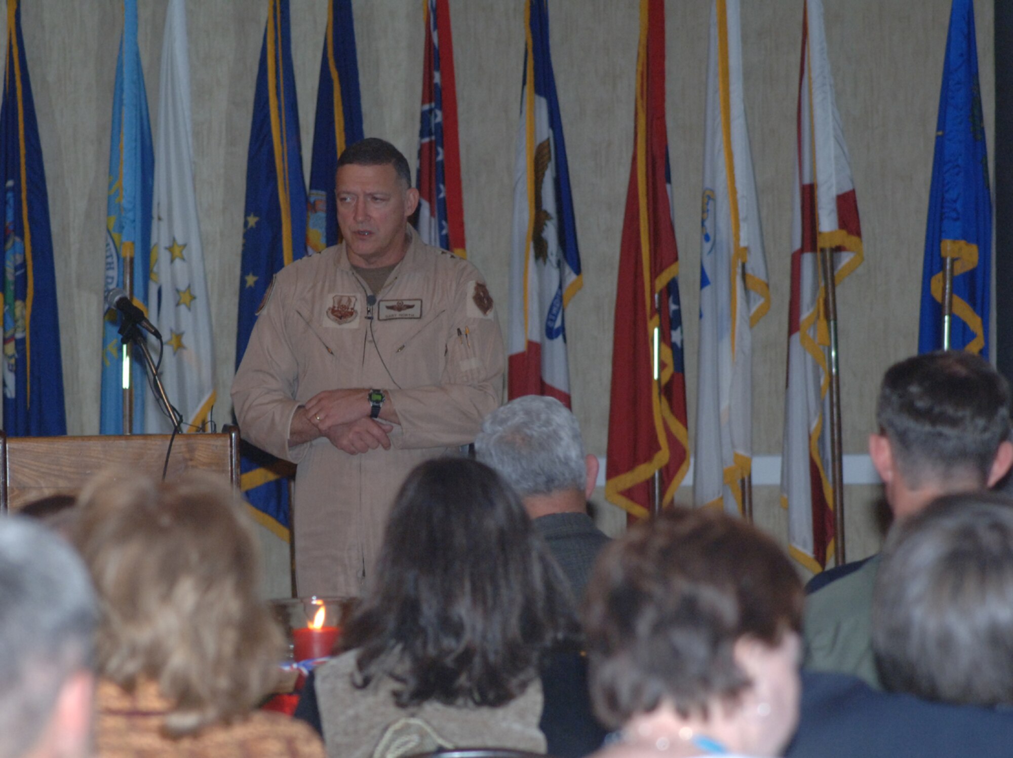 Lieutenant Gen. Gary North, commander of 9th Air Force and U.S. Central Command Air Forces, Shaw AFB, S.C., address more than 220 Airmen and air-minded community members at a dinner Jan. 17 hosted by the Base Community Council. (U.S. Air Force photo by Airman 1st Class Danielle Hill)

