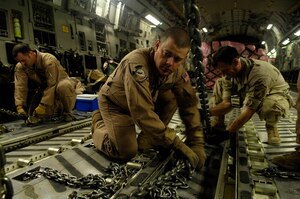 Tech. Sgt. Brad Pilgrim preflights a C-17 Globemaster III for a Joint Precision Airdrop Delivery System of 40 bundles of humanitarian supplies to a drop zone Jan. 14 in Afghanistan. Sergeant Pilgrim is a loadmaster from the 17th Airlift Squadron from Charleston Air Force Base, S.C., and is deployed to the 816th Expeditionary Airlift Squadron in Southwest Asia. (U.S. Air Force photo/Master Sgt. Andy Dunaway) 
