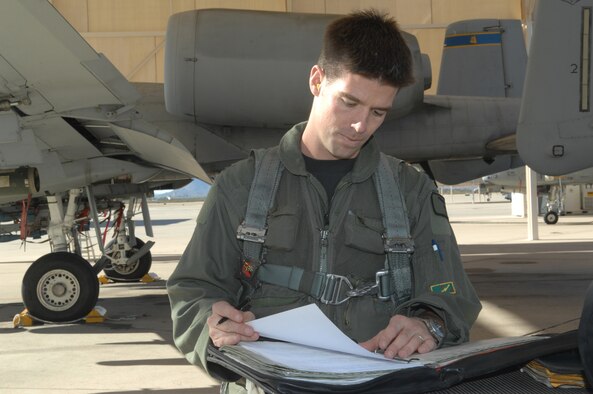 Capt. Sean Baerman, 358th Fighter Squadron A-10 instructor pilot, completes paperwork prior to his flight Jan. 15 at Davis-Monthan Air Force Base. Captain Baerman and other A-10 pilots assigned to the 358th FS participate in day and night missions to train in close air support, surveillance and reconnaissance exercises. (U.S. Air Force photo/A1C Melissa Copeland)