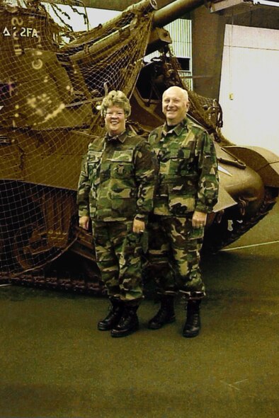 YOUNGSTOWN AIR RESERVE STATION, Ohio – Air Force Reserve Chief Master Sgt. Arlene Boozer with her husband, then Senior Master Sgt. Vern Boozer, at a Combat Dining Out held at the World War II Vehicle Museum in Hubbard, Ohio, before Vern retired from the Air Force Reserve.  U.S. Air Force/Courtesy photo.