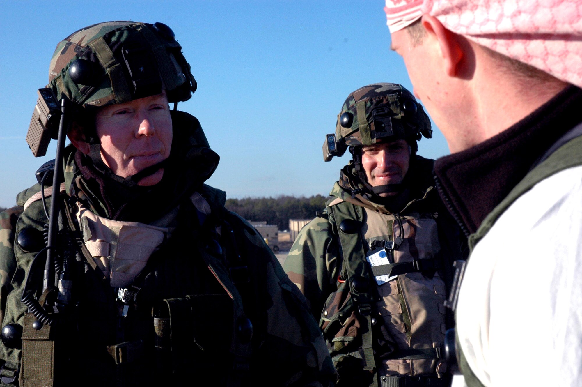 Col. Steve Jordan talks to "local media" during a scenario for Exercise Eagle Flag 08-2 Jan. 18 at Naval Air Engineering Station Lakehurst, N.J. Colonel Jordan was among the first students in the field for the exercise. He is the commander of the 570th Contingency Response Group from Travis Air Force Base, Calif. (U.S. Air Force photo/Airman 1st Class April Meyer) 
