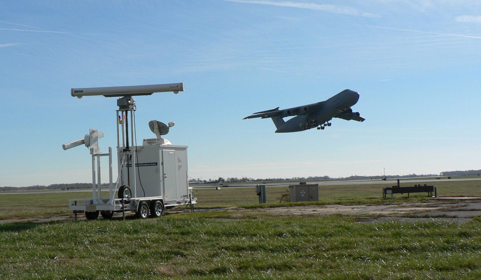 A C-5 Galaxy takes off at Dover Air Force Base under the protection of the 436th Airlift Wing Safety Office’s ‘bird radar.’ The bird radar, used by the safety office’s Bird Aircraft Strike Hazard program, has helped Dover decrease bird strikes by more than 60 percent here. (U.S. Air Force photo/Dr. Karen Voltura)