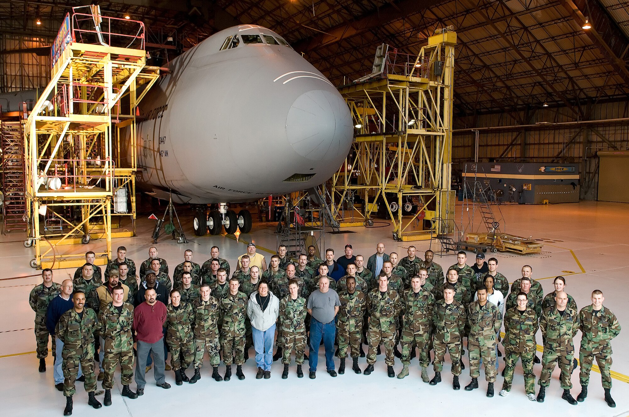 The 436th Maintenance Squadron's Isochronal Inspection team pictured here completed an ISO inspection in 13.2 days. Historically, an ISO inspection took 38 days to complete but was reduced by instituting lean initiatives and by the innovations of the 436th MXS team. (U.S. Air Force photo/Jason Minto)