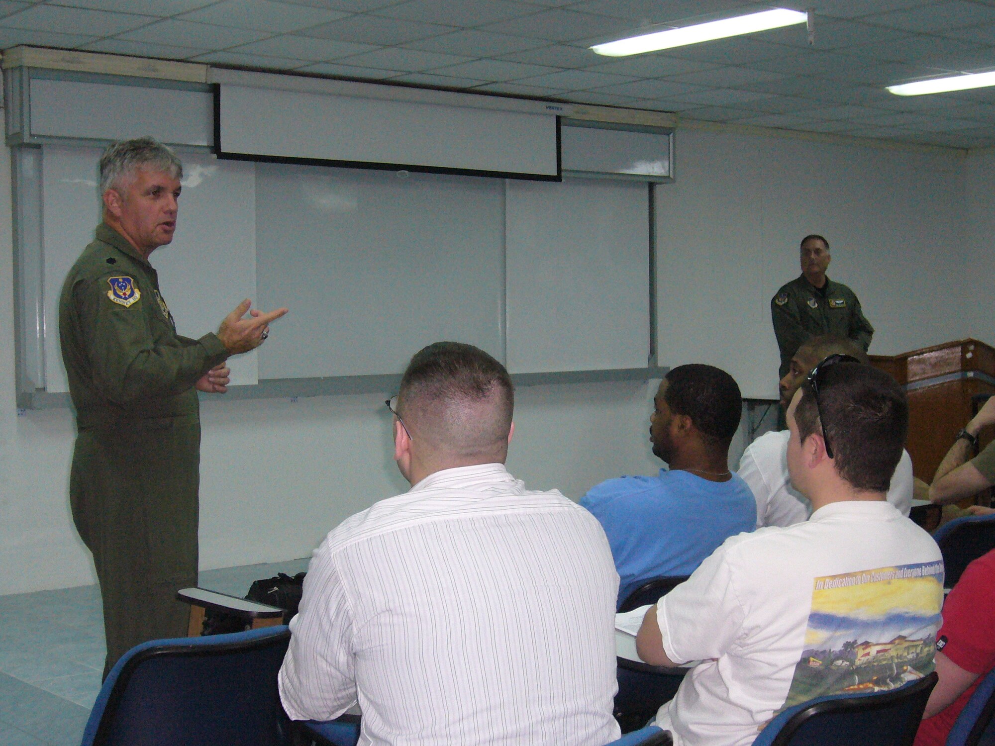 KORAT ROYAL THAI AIR BASE, Thailand – Lt. Col. Larry Germann (left), Life Fly Cell director for Cope Tiger ’08, and Lt. Col. Don Herring (right), 13th Air Force Air Expeditionary Wing vice commander, brief members of the 51st Maintenance Group and 25th Fighter Squadron from Osan Air Base, South Korea, during their inprocessing here Jan. 22. The 70 members from Team Osan are here for Exercise Cope Tiger ’08, a Thai- and U.S.-sponsored multilateral joint and combined field training exercise and humanitarian and civic assistance exercise. Cope Tiger enhances combined readiness and interoperability, reinforces U.S. commitment to the Southeast Asian region, and demonstrates U.S. capability to project combined and joint forces strategically in a multilateral environment.