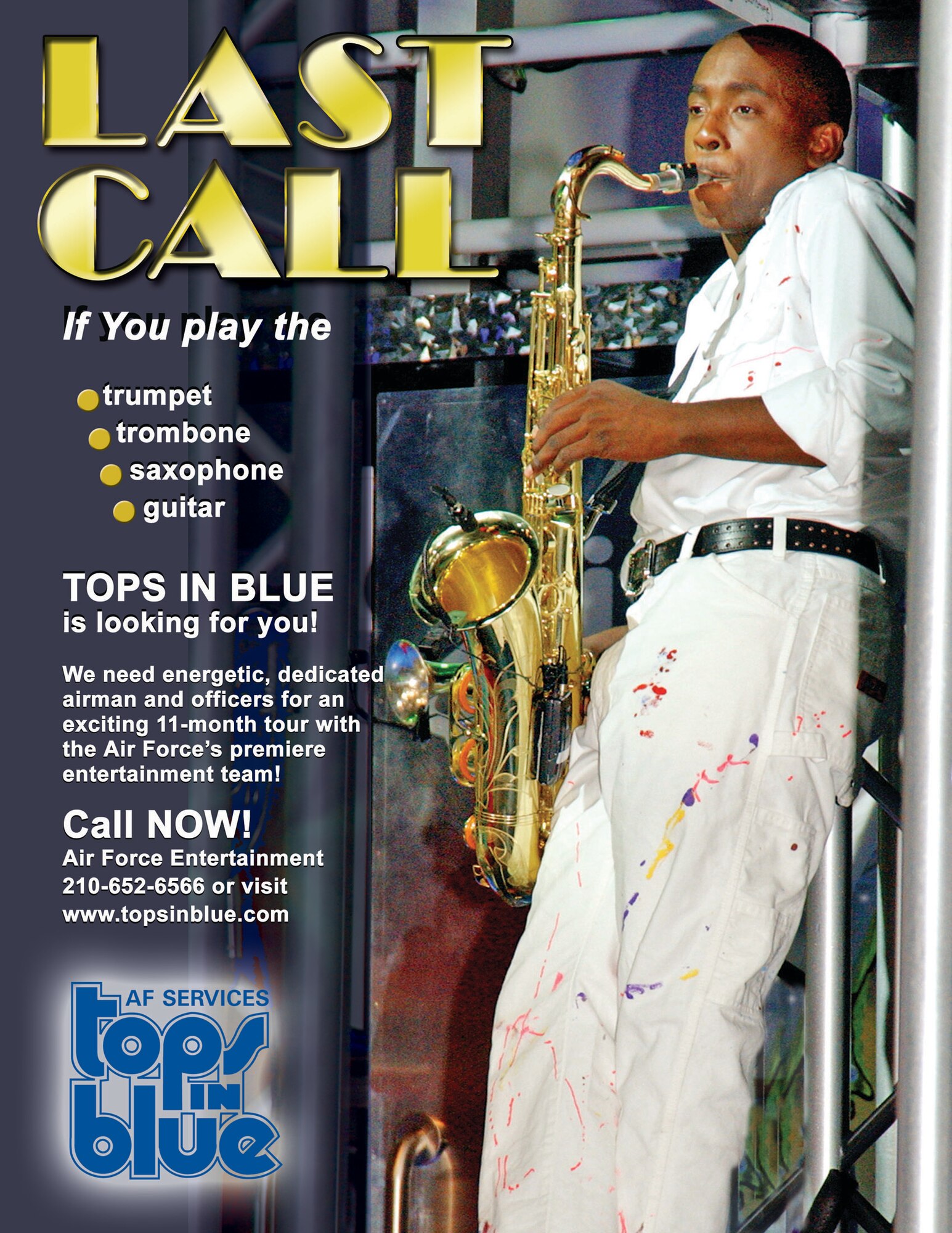 If you play the trumpet, trombone, saxophone, or guitar you could be the person Tops In Blue is searching for through out the Air Force. However, there are still positions open for a guitar player, trumpet players, trombonists, and sax players. “We’re looking to fill a complete band,” said Ms. White. “Applicants don’t have to have professional training to qualify. They can be self-taught. All they need is talent, a strong work ethic and the desire to improve during the touring season.” If you have technical skills or can drive a truck, you have an opportunity to become a member of the Air Force’s premier expeditionary entertainment group, Tops In Blue.Tops In Blue 2008 is also looking for technicians and drivers.  Technicians will get the opportunity to work with audio, video, lighting, and staging equipment that is on the cutting edge of technology.  Vehicle operators are needed to drive the custom Tops In Blue motor coach and tractor-trailer truck throughout the United States during the tour. The 2008 tour will kick off on Feb. 2 and will consist of approximately 125 shows. Tops In Blue will perform in Europe, PACAF and at numerous stateside bases. They will also travel to the AOR to entertain troops in various combat areas.  Interested applicants can call Air Force Entertainment at (210) 652-6566 or go to www.topsinblue.com for more information.
(Submitted by Senior Airman Anthony Nelson Jr) 
