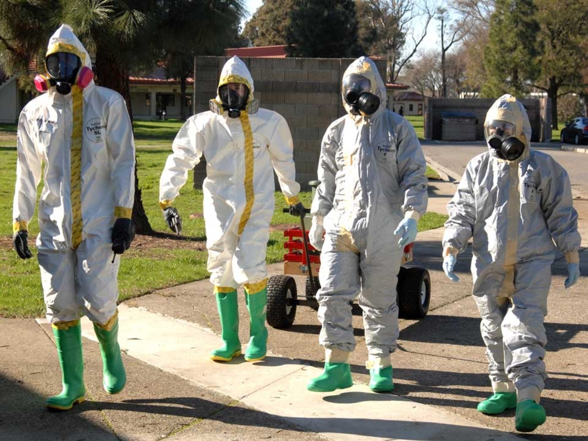 Emergency personnel respond to a bomb threat during the Emergency Management Exercise Jan. 15. A second EMX will take place in February help Team Travis prepare for the Unit Compliance Inspection March 3 through 11. (U.S. Air Force photo/Laura Fentress)
