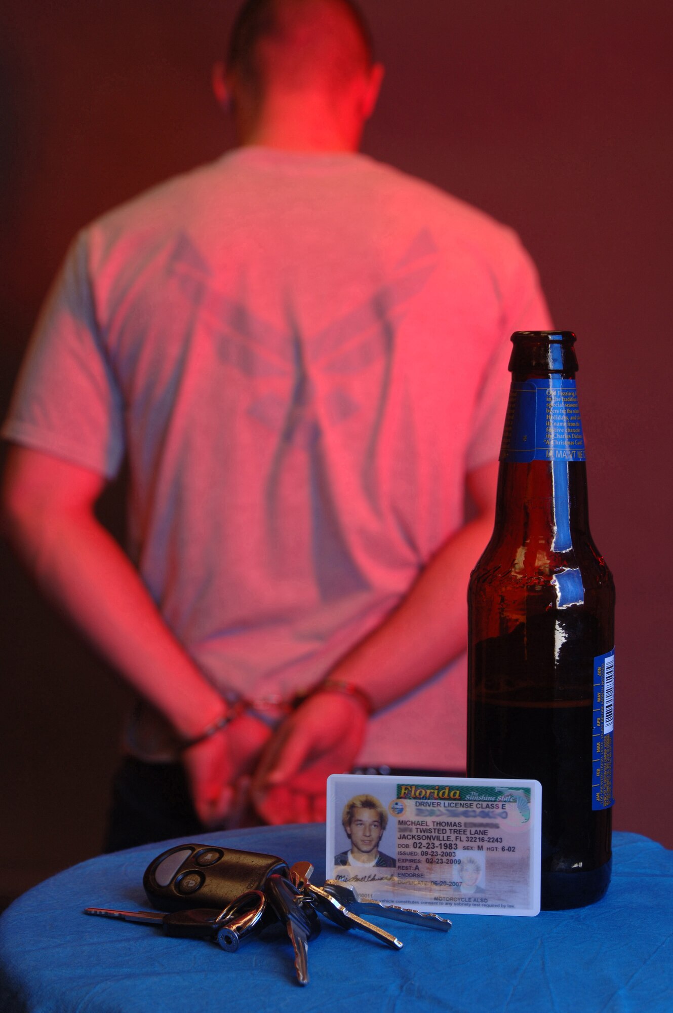 SEYMOUR JOHNSON AIR FORCE BASE, N.C. - Staff Sergeant Michael T. Edwards poses for an anti drinking and driving photo, December 24. Drinking and driving is a serious crime which military members may be charged under the Uniform Code of Military Justice.(U.S. Air Force photo by Airman 1st Class Greg C. Biondo)