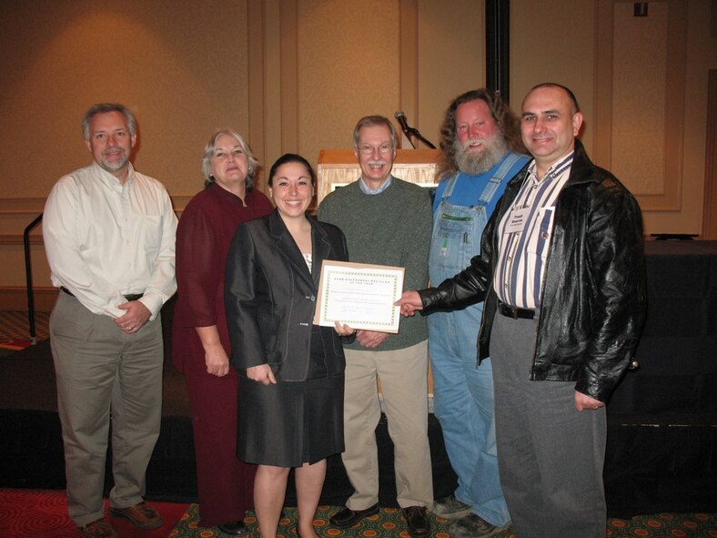 At an awards ceremony last week in Franklin, Tenn., the Tennessee Recycling Coalition presented members of the Arnold Engineering Development Center (AEDC) Environmental group with the government recycler of the year award. The award was in recognition of significant waste diversions achieved from October 2006 through September 2007. According to Frank Duncan, Air Force Environmental Quality program manager, 47.1 percent of all non-hazardous solid waste was diverted to recycling activities. This included 2,149 tons of construction and demolition materials, 2,039 tons of scrap metal, 244 tons of paper and cardboard and 147 tons of other materials. (Photo provided)