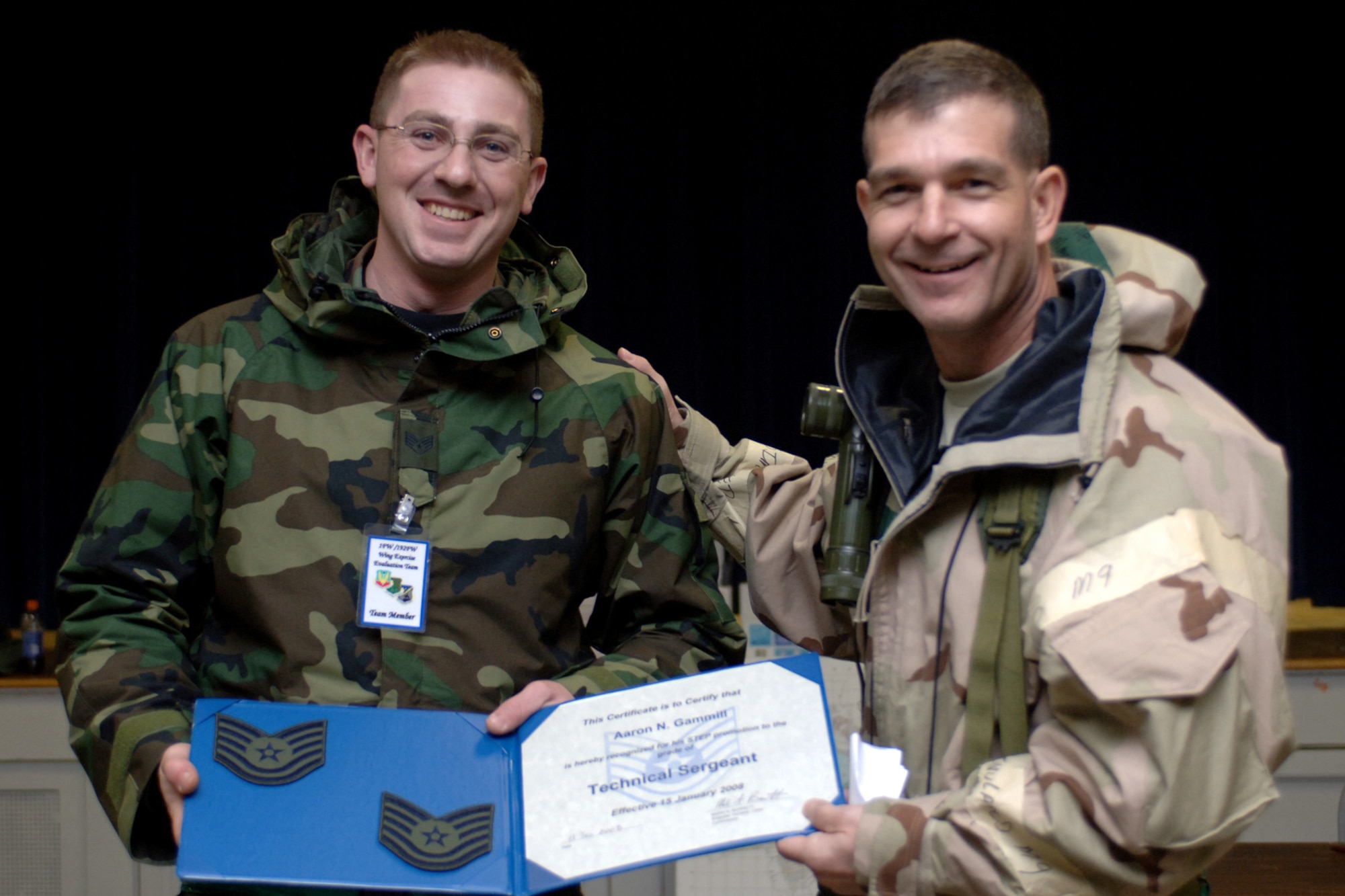 LANGLEY AIR FORCE BASE, Va. -- Tech. Sgt. Aaron Gammill, 1st Maintenance Group Quality Assurance weight and balance manager, was promoted under the Stripes for Exceptional Performers program by Brig. Gen. Mark Barrett, 1st Fighter Wing commander, Jan. 15. (U.S. Air Force photo/Staff Sgt. Michelle Arslan)
