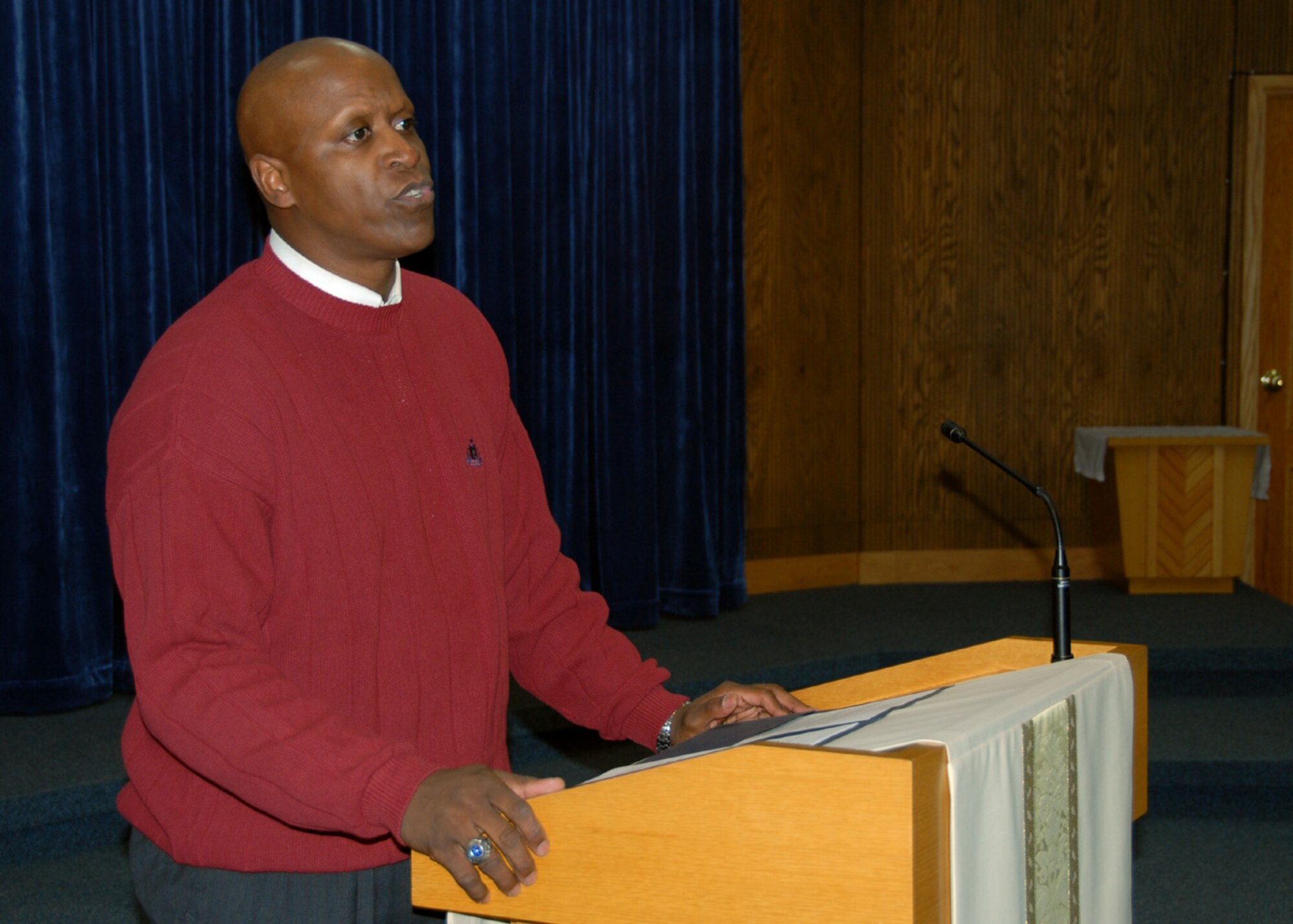 OSAN AIR BASE, Republic of Korea -- Colonel Thomas J. Hasty III, Seventh Air Force Judge Advocate General, speaks about Dr. Martin Luther King Jr.'s life and accomplishments to Team Osan members during Martin Luther King Jr. Day commemorative march and observance events. (U. S. Air Force photo by Senior Master Sgt Marvin Krause)