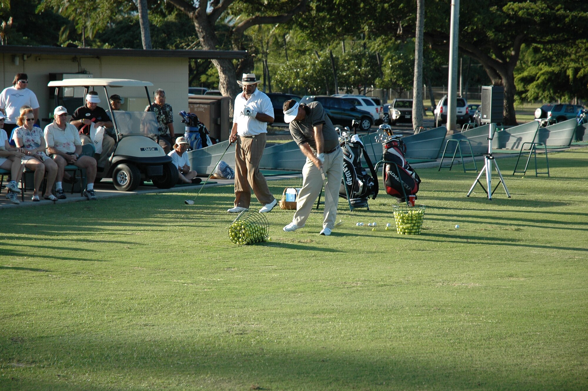The driver, the club everyone leaves in the golf bag when it’s not working and during the Golf Clinic at Mamala Bay Course PGA Champions Tour player Jim Thorpe provided commentary on how to use the driver while Brad Bryant demonstrated.   Both Players are on island vying to hold this weekend's championship trophy at the PGA Champions Tour event at the Turtle Bay Resort on the North Shore. (Photo by Tom Willa)

