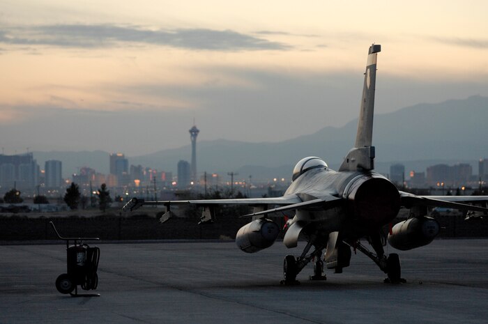NELLIS AIR FORCE BASE, Nev.—An F-16 Falcon from the Republic of Singapore air force, 425th Aircraft Maintenance Unit, Luke AFB, Ariz., sits on the flightline before a mission here Jan. 23. The Republic of Singapore air force is currently at Nellis participating in Red Flag 8-2.1, which is a multi-national exercise training pilots in the world’s most realistic combat scenarios. The experience gained during the exercise is vital to the survival of pilots in combat. The unit is assigned to Luke AFB for specialized training on their F-16 aircraft they can only receive in the U.S. (U.S. Air Force photo by Master Sgt Robert W. Valenca)