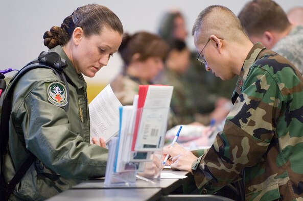 Tech. Sgt. Kristy Wellman, left, goes over paperwork on the deployment processing line Jan. 25. Sergeant Wellman, 446th Aeromedical Evacuation Squadron, and more than 140 other Reservists from the 446th Airlift Wing, McChord Air Force Base, Wash., are participating in Pacific Lifeline in Hawaii Jan. 26-Feb. 9.  Pacific Lifeline is a total force exercise designed to exercise the military’s ability to rapidly deploy a trained, equipped team anywhere in the Pacific in response to a humanitarian assistance or disaster scenario. (U.S. Air Force photo/Abner Guzman)