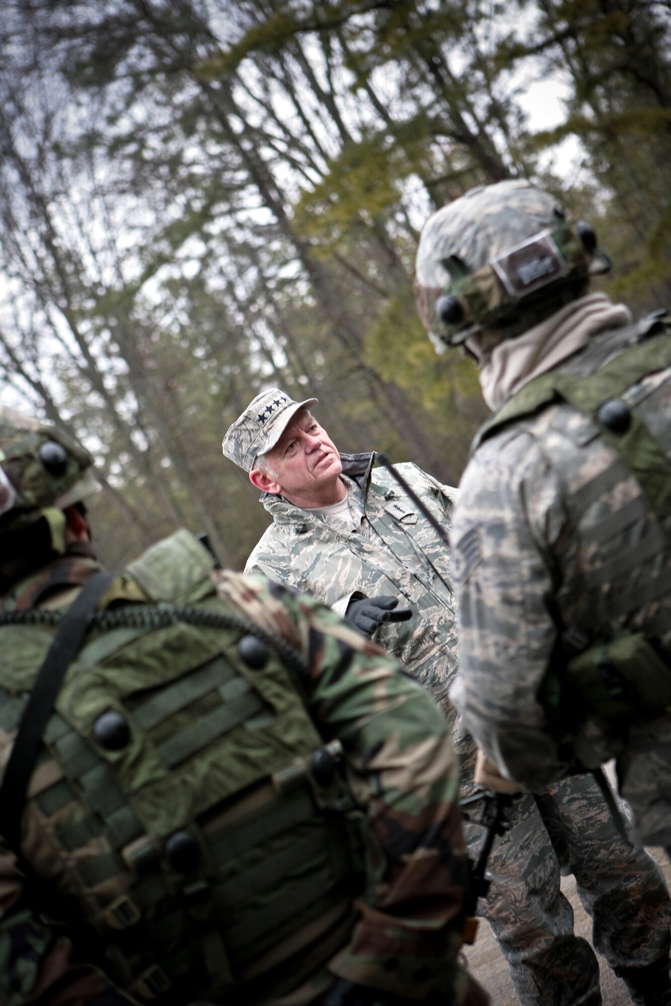 Gen. Arthur Lichte, Air Mobility Command commander, talks with security forces students in the U.S. Air Force Expeditionary Center's Phoenix Warrior training course at Naval Air Engineering Station Lakehurst, N.J., during an visit to the Center Jan. 22.  The official visit by the mobility commander provided a full spectrum of the USAF EC's capabilities in training, innovation and facilities.  (U.S. Air Force Photo/Master Sgt. Bob Lorusso)