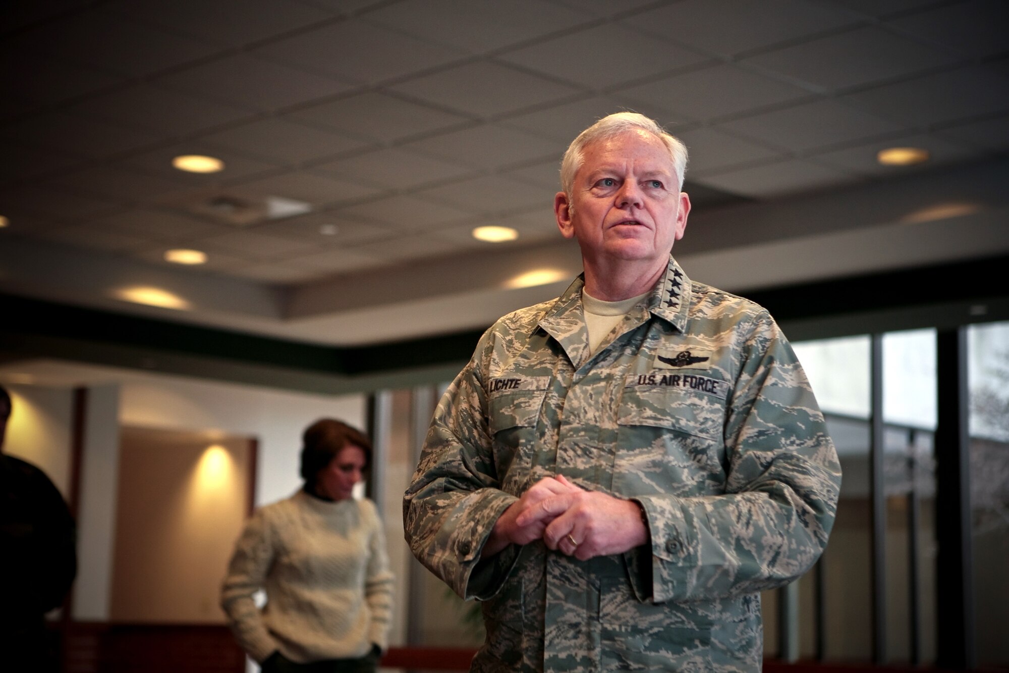 Gan. Arthur Lichte, Air Mobility Command commander from Scott Air Force Base, Ill., talks to Airmen in the U.S. Air Force Expeditionary Center on Fort Dix, N.J., Jan. 22 as part of an official visit.  General Lichte came to the Center for the first time learning about the mobility and expeditionary training conducted by the Center.  (U.S. Air Force Photo/Master Sgt. Bob Lorusso)