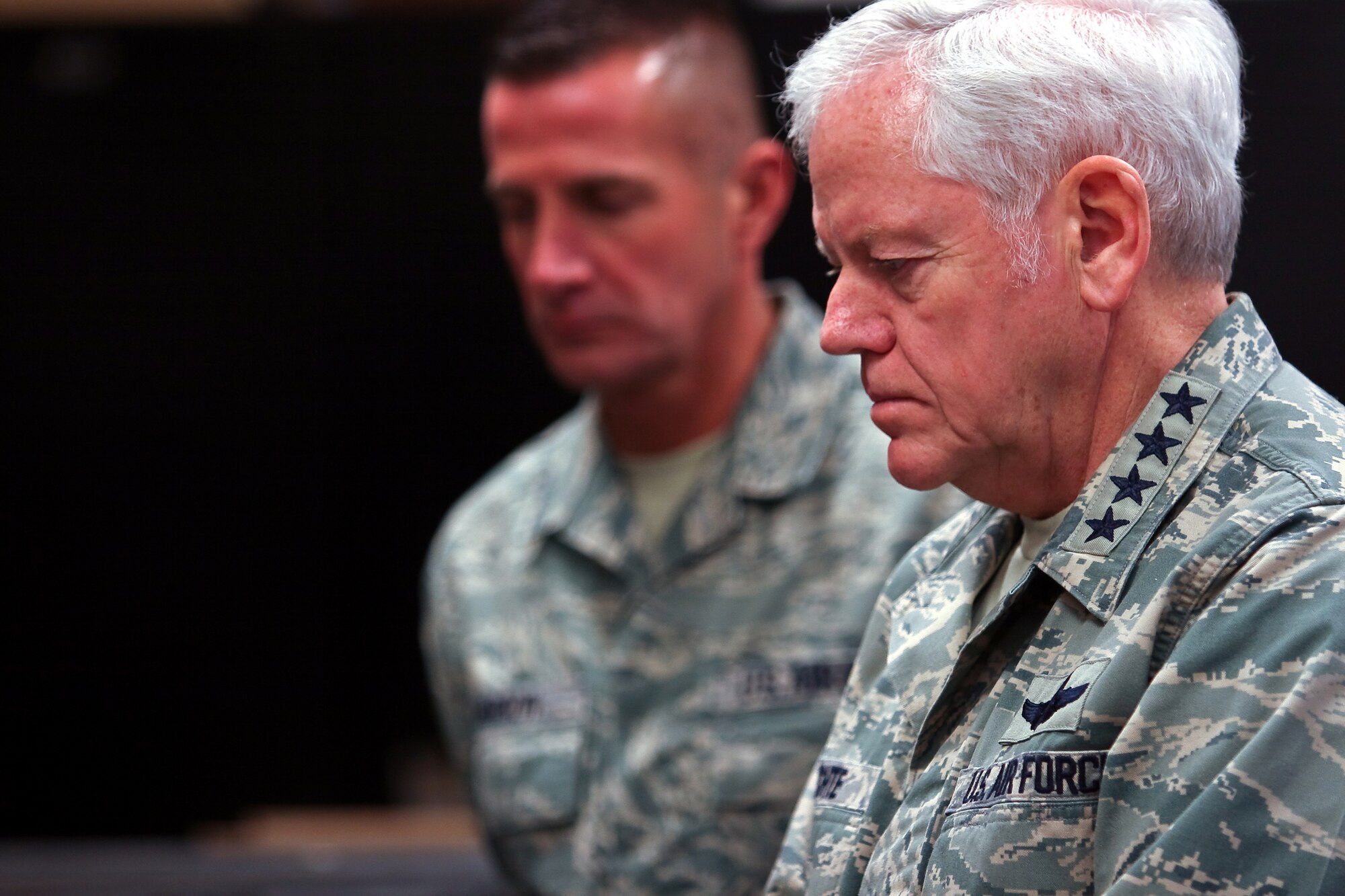 Gen. Arthur Lichte, Air Mobility Command commander, and Chief Master Sgt. Joseph Barron, AMC command chief, listen in on a briefing during a visit to the U.S. Air Force Expeditionary Center on Fort Dix, N.J., Jan. 22, 2008.  It was General Lichte's first official visit to the USAF EC.  (U.S. Air Force Photo/Master Sgt. Bob Lorusso)
