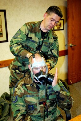 Master Sgt. Doyle McKinney, a 419th Medical Squadron bioenvironmental technician, performs a gas mask fit test on Tech. Sgt. Phil Bradley of the 419th Maintenance Squadron. These fit tests are routinely carried out during the wing's Unit Training Assemblies one weekend per month to maintain deployment readiness. (U.S. Air Force photo/Staff Sgt. Kyle Brasier)