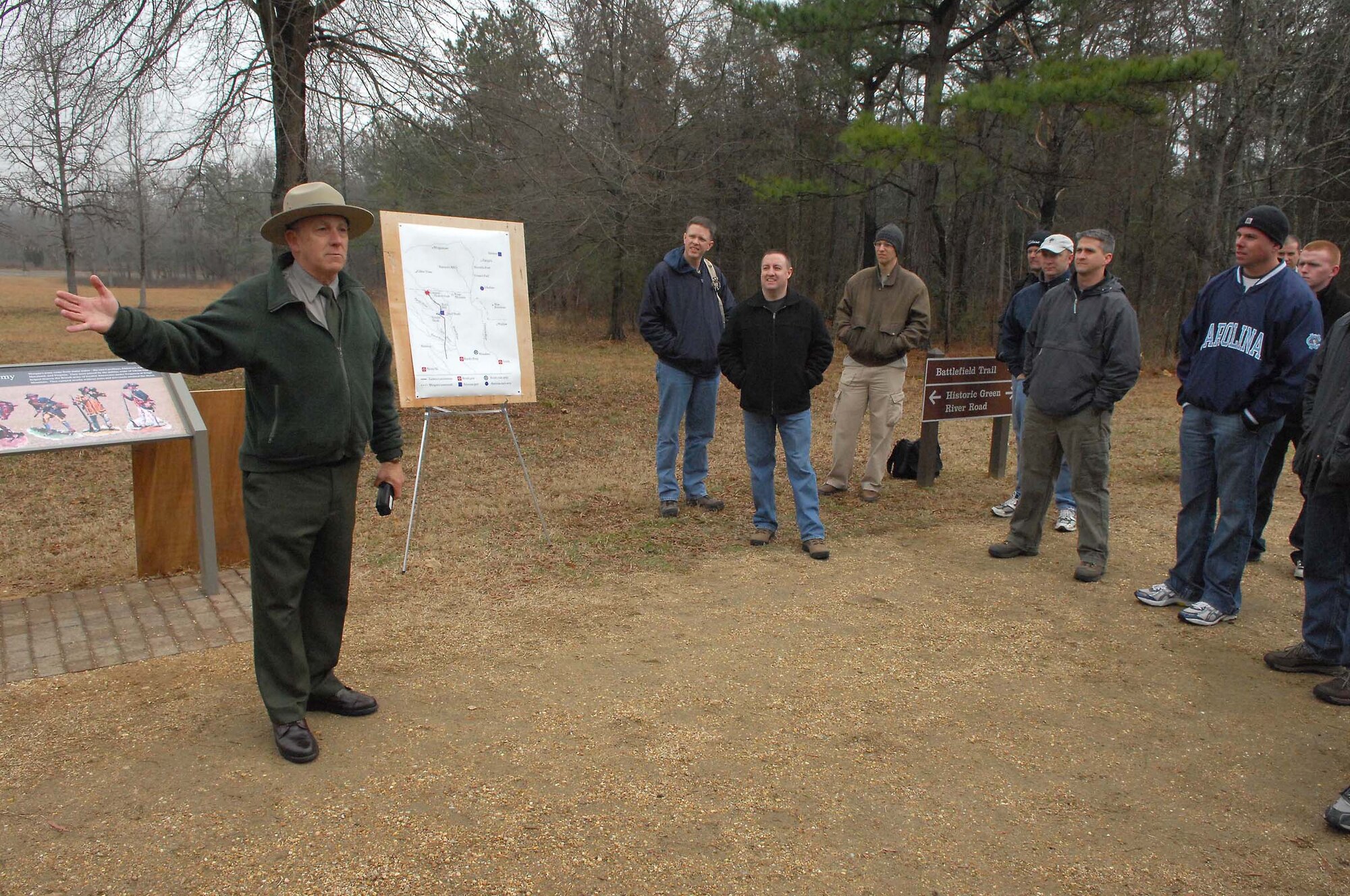 SHAW AIR FORCE BASE, S.C. -- Scott Winthrow from the National Park Service briefs the Airmen and Soldiers about the location of B.G. Morgan's Camp and the overall information about the Battle of Cowpens during a Staff Ride Jan. 23. The goal of the staff ride is to provide a level of knowledge about the battle and to apply the lessons learned from that battle to today's operating environment in the global war on terrorism. (U.S. Air Force photo/Staff Sgt. Henry Hoegen)
