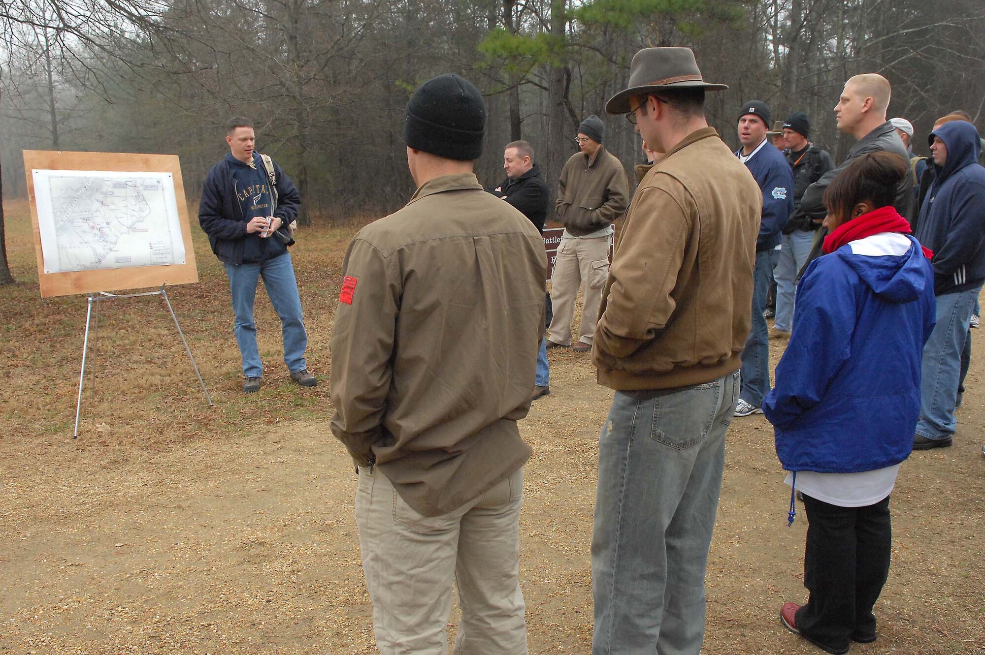 SHAW AIR FORCE BASE, S.C. -- Capt. Jeffrey Schnakenberg, 609th Air Intelligence Squadron, briefs Airmen and Soldiers about the overview road to war of the Battle of Cowpens during a Staff Ride Jan. 23. The goal of the staff ride is to provide a level of knowledge about the battle and to apply the lessons learned from that battle to today's operating environment in the global war on terrorism. (U.S. Air Force photo/Staff Sgt. Henry Hoegen)
