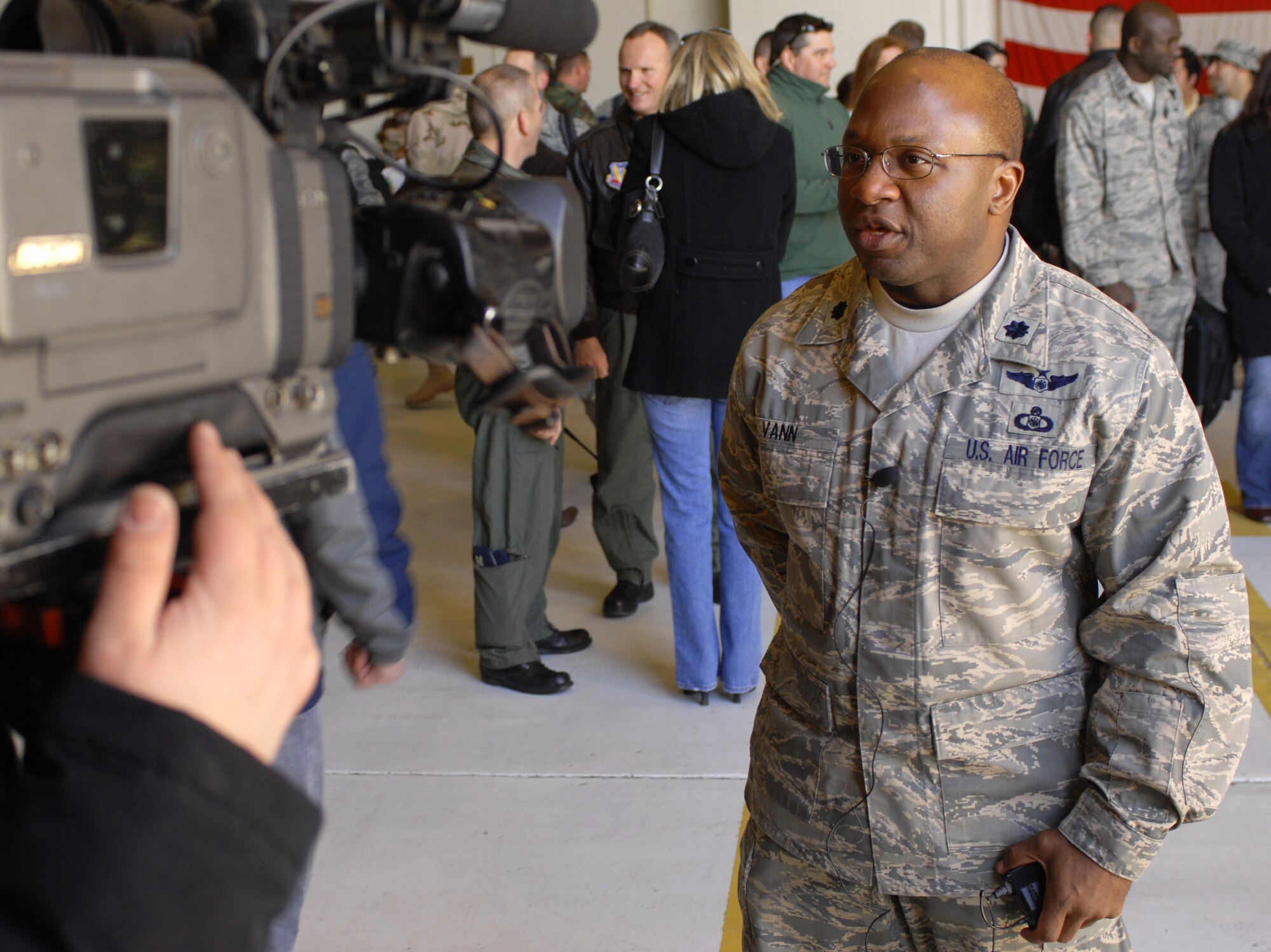 MOUNTAIN HOME AIR FORCE BASE, Idaho -- Lt. Col. Alvin Vann, 726th Air Control Squadron commander, is interviewed by the local Channel 2 News about his recent deployment to Iraq, Jan 23. The Airmen served at different locations within Iraq since September 2007 in support of Operation Iraqi Freedom. While deployed, their mission was to monitor the airspace over the battlefield and provide military leaders with a clear and accurate “picture” of that area, allowing commanders to make informed, real-time decisions. (U.S. Air Force photo/ Airman 1st Class Ryan Crane)